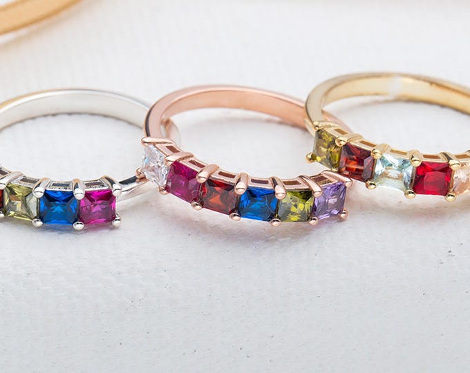Gifts For Mother's Day, 14K Gold Princess Shaped Birthstone Ring, Birthday Gifts For Mom, Mothers Family Birthstone Ring, Personalized Gifts