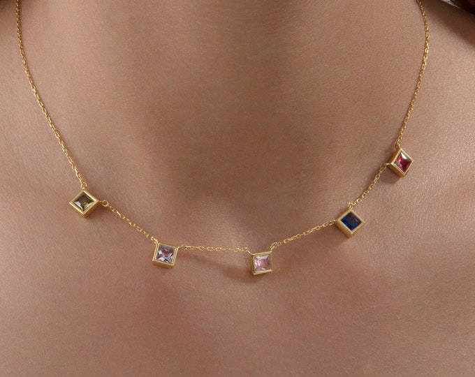 Gifts For Mother's Day, 14K Solid Gold Princess Birthstone Necklace, Gift For Mom, Spaced Multiple Birthstone Necklace, Personalized Jewelry