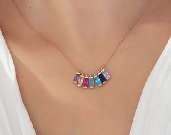 14K Gold Mothers Birthstone Necklace, Sterling Silver Baguette Birthstone Necklace, Personalized Birthstone Jewelry, Best Gift For Mothers