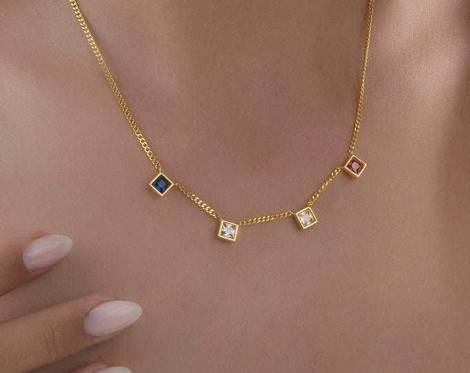 Gifts For Mother's Day, 14K Gold Princess Birthstone Necklaces, Personalized Jewelry, Gifts For Mom, Curb Chain Spaced Birthstone Necklaces