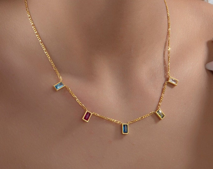 Gifts For Mother's Day, 14K Gold Baguette Birthstone Necklace, Custom Made Gifts, Personalized Jewelry, Gold Figaro Chain Birthstone Pendant