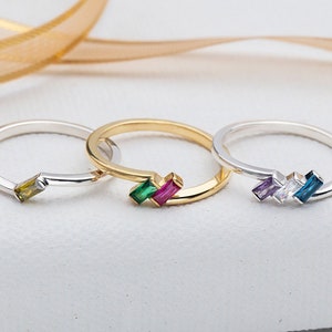 Silver Baguette Birthstone Rings, 10K Gold Mothers Birthstone Ring, Personalized Gifts, Birthday Gift For Grandmas, Best Gift For Mothers