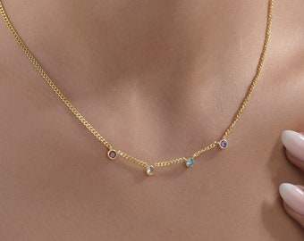 Gifts For Mother's Day, 14K Solid Gold Curb Chain Birthstone Necklaces, Custom Made Birthstone Necklaces For Mom, Personalized Gifts For Her