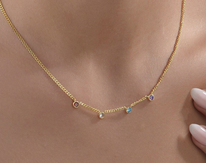 Gifts For Mother's Day, 14K Solid Gold Curb Chain Birthstone Necklaces, Custom Made Birthstone Necklaces For Mom, Personalized Gifts For Her