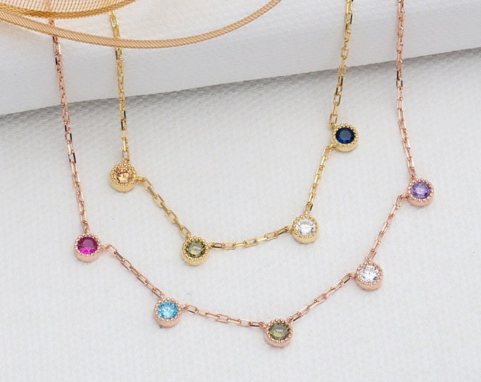Gifts For Mother's Day, 14K Gold Multiple Birthstone Necklace, Dainty Spaced Birthstone Necklace, Personalized Gifts For Women, Gift For Her