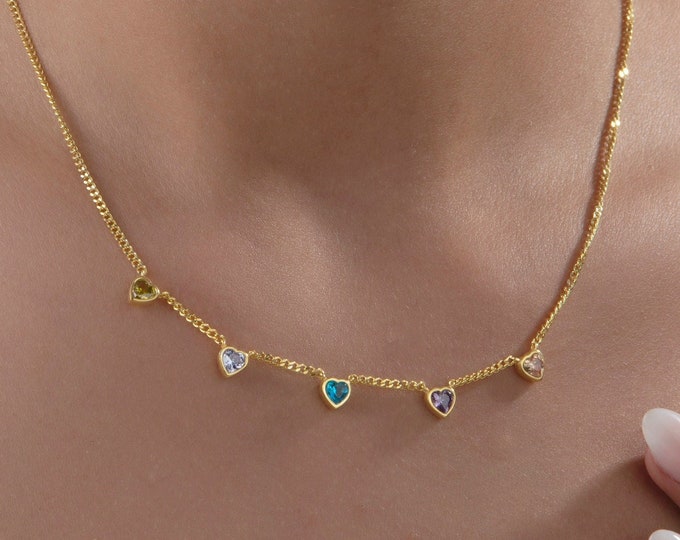 Gifts For Mother's Day, 14K Gold Heart Birthstone Necklaces, Personalized Gifts For Mom, Curb Cuban Chain Birthstone Necklace, Gifts For Her