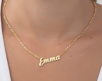 14K Solid Gold Personalized Name Necklaces, 18K Figaro Chain Name Necklaces, Gifts For Mom, Birthday Gifts For Women, Best Gift For Mothers