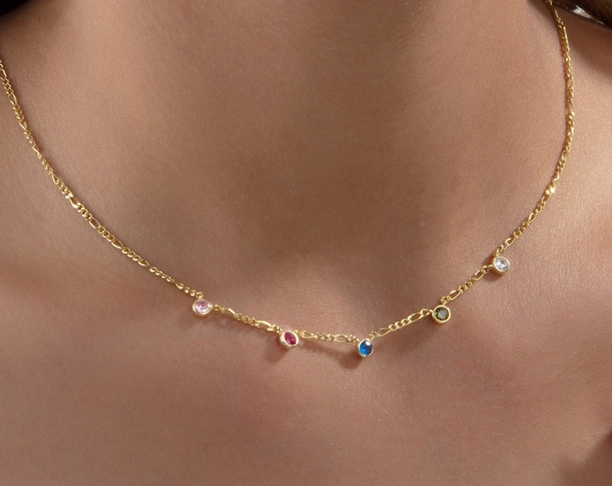 Gifts For Mother's Day, 14K Solid Gold Figaro Chain Birthstone Necklaces, Personalized Gifts For Women, Multiple Spaced Birthstone Necklaces