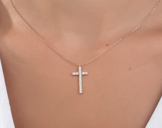 Gifts For Mother's Day, 14K Gold Zircon Diamond Cross Necklaces, Birthday Gift Ideas, Dainty Silver Cross Pendants, Graduation Gifts For Her