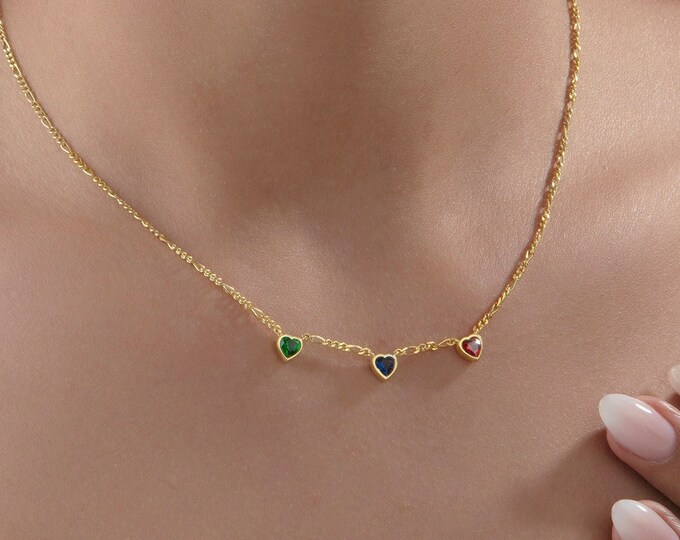 Gifts For Mother's Day, 14K Solid Gold Heart Birthstone Necklace, Personalized Birthstone Jewelry, Figaro Chain Multiple Birthstone Necklace