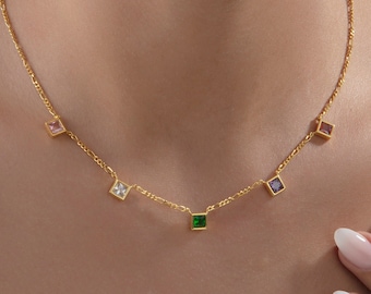 14K Solid Gold Princess Birthstone Necklaces, Personalized Gifts For Grandmas, Gold Figaro Chain Birthstone Necklace, Gifts For Christmas