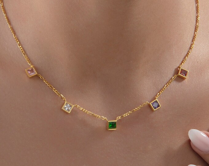 Gifts For Mother's Day, 14K Solid Gold Princess Birthstone Necklaces, Personalized Gifts For Grandmas, Gold Figaro Chain Birthstone Necklace