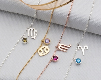 Gifts For Mother's Day, 14K Gold Zodiac Sign Birthstone Bracelets, 18K Gold Zodiac Charm Bracelets, Zodiac Jewelry, Birthday Gifts For Women