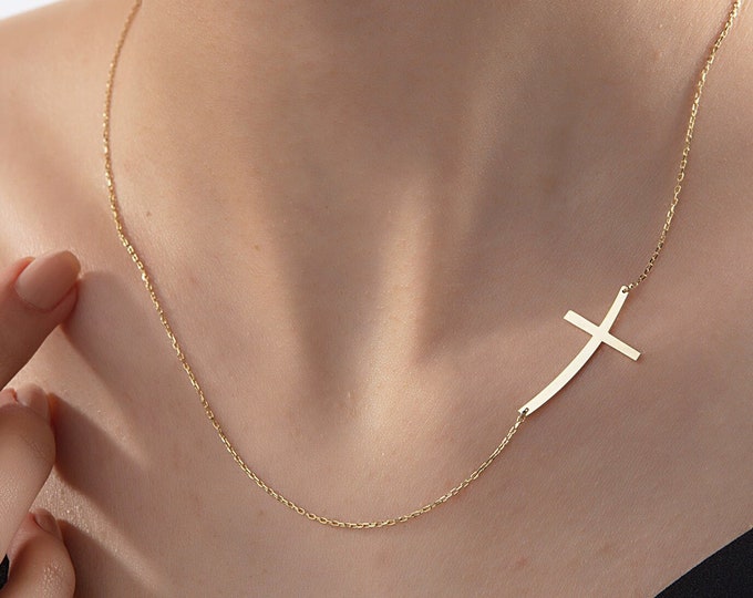 Gifts For Mother's Day, 14K Gold Curved Sideways Cross Necklace, Religious Jewelry, Gifts For Her, Silver Side Cross Pendants, Gifts For Mom
