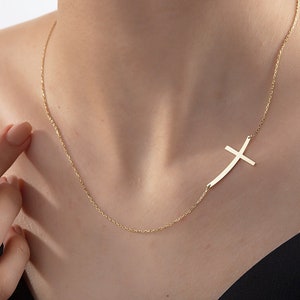 14K Gold Curved Sideways Cross Necklace, Religious Jewelry, Gifts For Her, Silver Side Cross Pendants, Gifts For Mom, Best Gift For Mothers