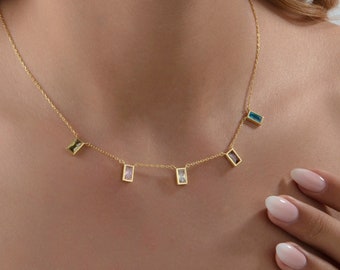 14K Gold Baguette Birthstone Necklace, Personalized Family Jewelry