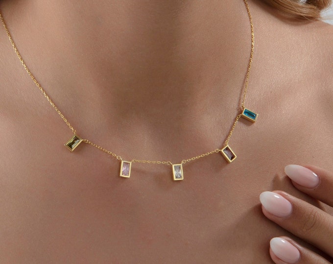 Gifts For Mother's Day, 14K Gold Emerald Cut Birthstone Necklaces, Personalized Gifts For Mom, Multiple Spaced Baguette Birthstone Necklaces