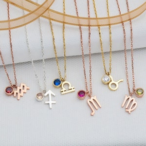 Silver Zodiac Sign Birthstone Necklaces, 14K Gold Birthstone Zodiac Pendants, Personalized Birthday Gifts For Women, Best Gift For Mothers