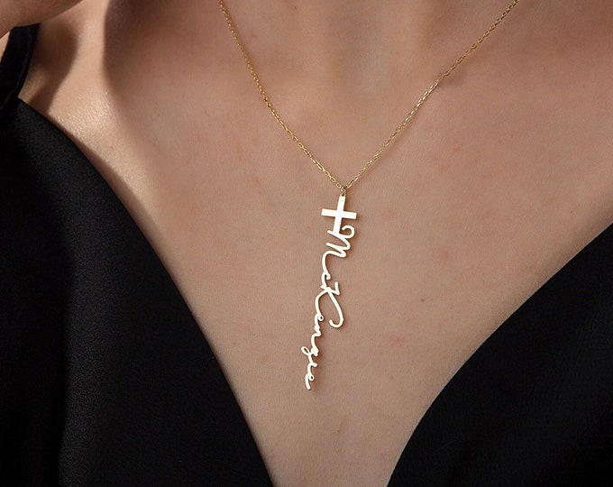 Gifts For Mother's Day, 14K Gold Dainty Cross Name Necklace, 18K Gold Cross Necklace For Women, Religious Jewelry, Personalized Gift For Her