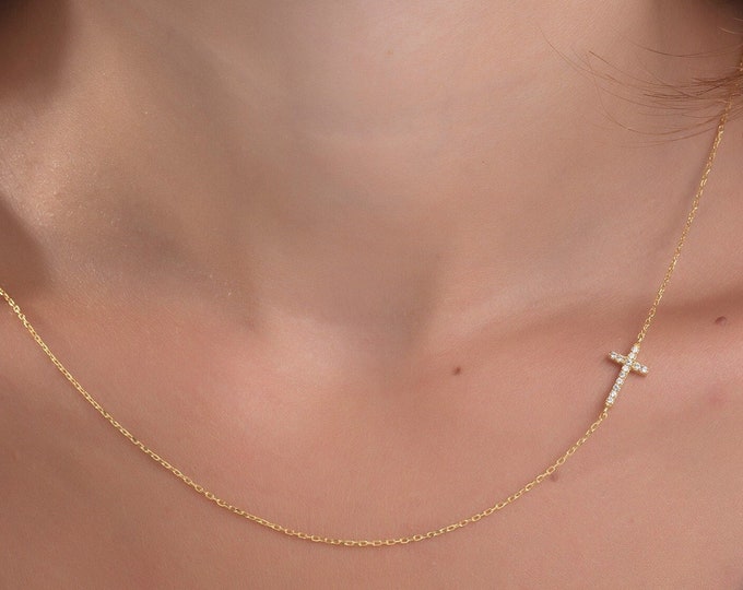 Gifts For Mother's Day, 18K Sideways Cross Necklace, 14K Gold Dainty Cross Zircon Diamond Pendant, Birthday Gifts For Mom, Religious Jewelry