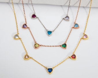 14K Gold Heart Birthstone Necklaces For Women, Personalized Moms Gifts, Silver Family Multiple Birthstone  Necklaces, Best Gift For Mothers