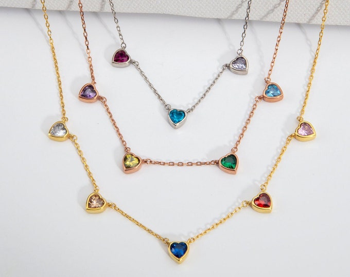 Gifts For Mother's Day, 14K Gold Heart Birthstone Necklaces For Women, Personalized Moms Gifts, Silver Family Multiple Birthstone  Necklaces