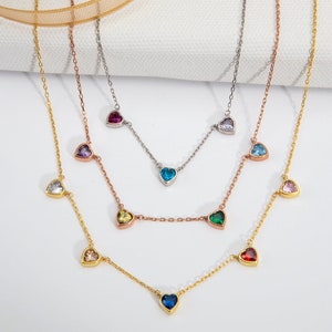 14K Gold Heart Birthstone Necklaces For Women, Personalized Moms Gifts, Silver Family Multiple Birthstone  Necklaces, Best Gift For Mothers