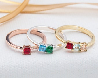 Personalized Princess Birthstone Ring, 14K Gold Stacking Family Ring