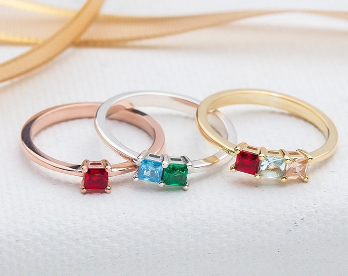 Gifts For Mother's Day, 14K Gold Princess Birthstone Rings, Silver Multi Birthstone Ring, Personalized Gifts, Family Birthstone Ring For Mom