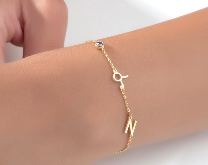 Gifts For Mother's Day, 14K Gold Zodiac Sign Birthstone Bracelets, 18K Name Initial Birthstone Bracelet, Letter Bracelet, Personalized Gifts