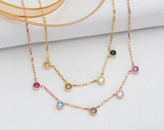 Gifts For Mother's Day, 14K Gold Multiple Birthstone Necklace, Personalized Birthstone Jewelry, Silver Spaced Birthstone Necklace, Moms Gift