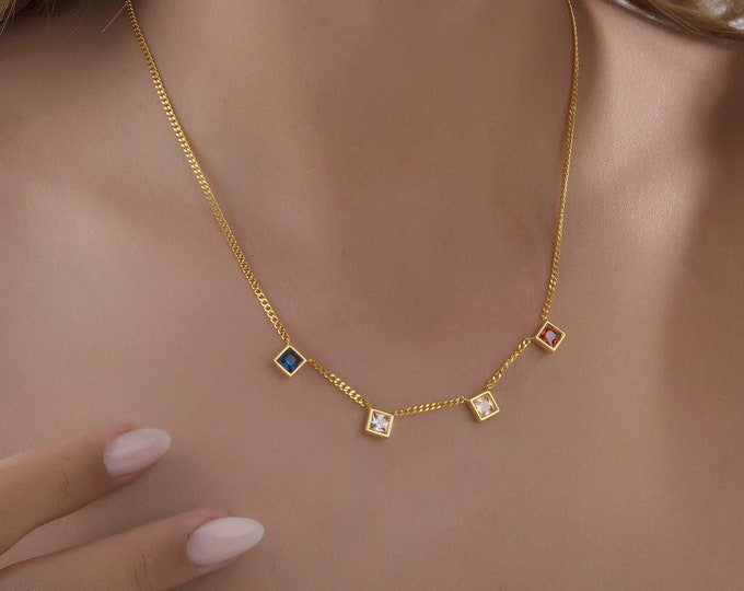 Gifts For Mother's Day, 14K Gold Curb Chain Birthstone Necklaces, Personalized Jewelry For Mom, Multiple Princess Birthstone Family Necklace