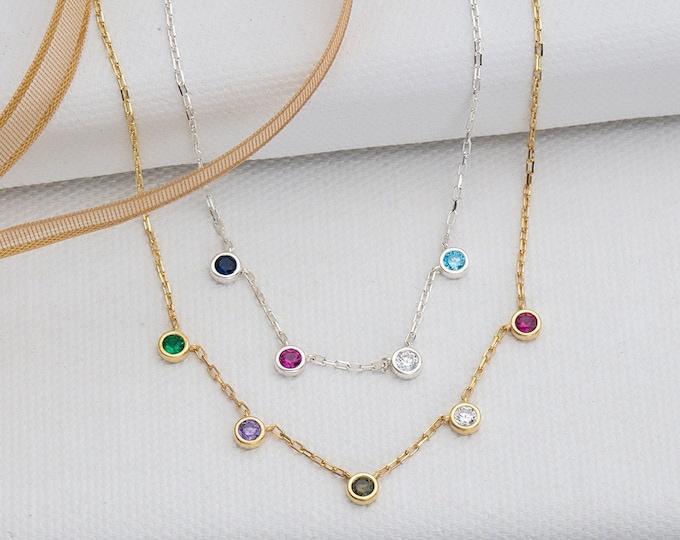 Gifts For Mother's Day, 14K Gold Birthstone Necklaces, Custom Made Jewelry, Silver Spaced Multiple Birthstone Necklaces, Personalized Gifts