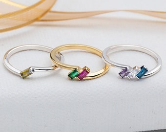 Silver Baguette Birthstone Rings, 10K Gold Mothers Birthstone Ring, Personalized Gifts, Birthday Gift For Grandmas, Best Gift For Mothers