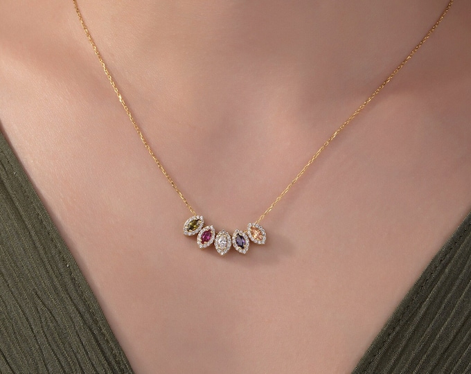 Gifts For Mother's Day, 14K Solid Gold Marquise Birthstone Necklace, Personalized Jewelry, Multiple Birthstone Family Necklace, Gift For Her
