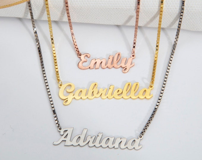 Gifts For Mother's Day, Sterling Silver Dainty Name Necklace, 14K Gold Plated Name Plate With Box Chain, Custom Made Gift For Her, Moms Gift