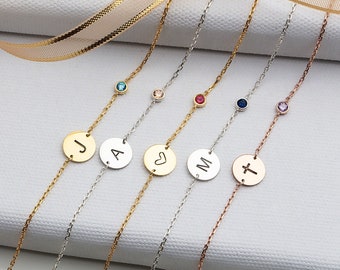 Gifts For Mother's Day, Silver Letter Birthstone Disc Bracelet, 14K Gold Couples Name Initial Birthstone Bracelet, Personalized Gift For Mom