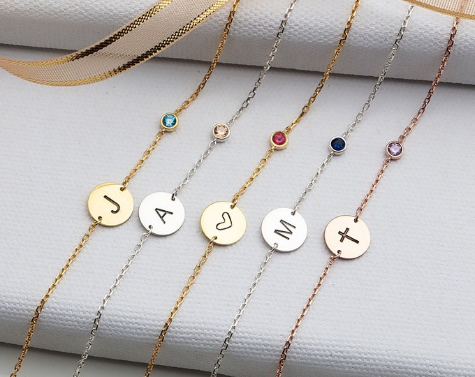 Gifts For Mother's Day, Silver Letter Birthstone Disc Bracelet, 14K Gold Couples Name Initial Birthstone Bracelet, Personalized Gift For Mom