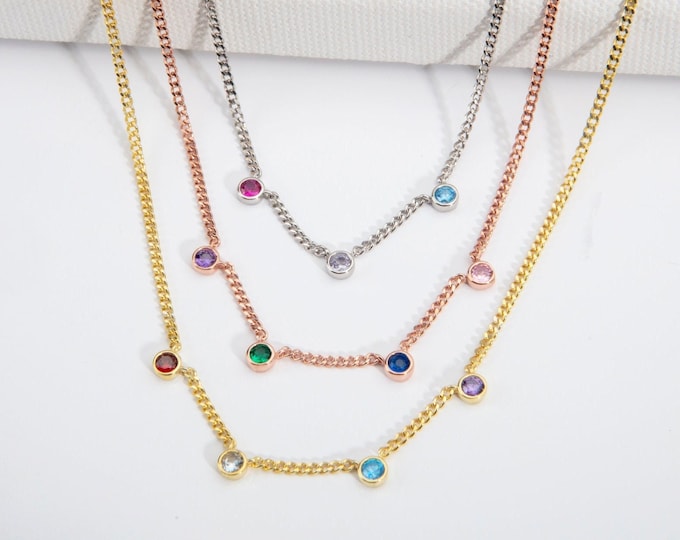 Gifts For Mother's Day, 14K Gold Curb Chain Birthstone Necklaces, Personalized Gifts For Mom, Sterling Silver Birthstone Necklaces For Women