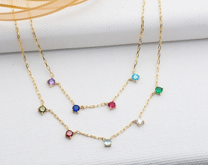 Gifts For Mother's Day, 14K Gold Dainty Birthstone Necklace, Personalized Gift For Her, Moms Gift, Silver Spaced Multiple Birthstone Pendant