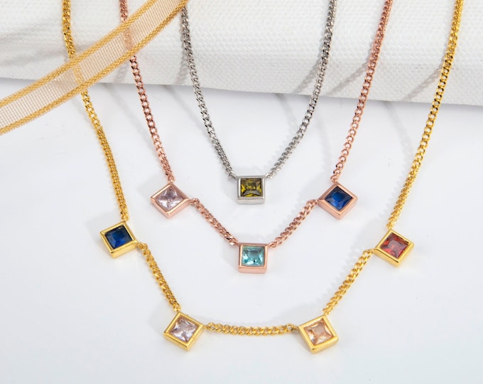 Gifts For Mother's Day, 14K Gold Birthstone Curb Chain Necklaces, Personalized Gift For Mom, Silver Princess Birthstone Cuban Chain Necklace