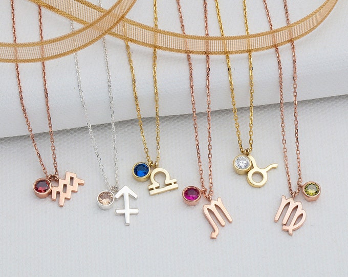 Gifts For Mother's Day, Silver Zodiac Sign Birthstone Necklaces, 14K Gold Birthstone Zodiac Pendants, Personalized Birthday Gifts For Women