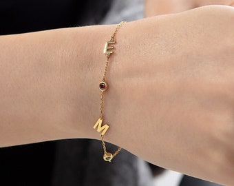 Gifts For Mother's Day, 14K Initial Birthstone Bracelet, 18K Solid Gold Letter Birthstone Bracelet, Custom Made Family Name Bracelet For Mom