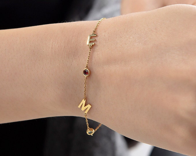 Gifts For Mother's Day, 14K Initial Birthstone Bracelet, 18K Solid Gold Letter Birthstone Bracelet, Custom Made Family Name Bracelet For Mom