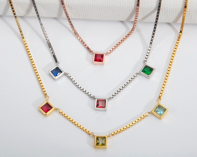 Gifts For Mother's Day, 14K Gold Plated Princess Birthstone Necklaces, Silver Multi Birthstone Box Chain Necklace, Custom Made Gifts For Mom