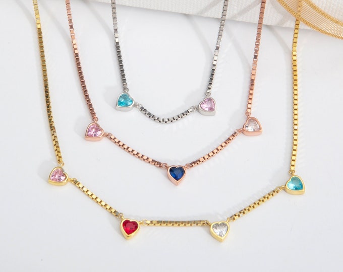 Gifts For Mother's Day, Gold Plated Heart Birthstone Box Chain Necklace, Solid Silver Multi Birthstone Necklaces, Personalized Gifts For Mom