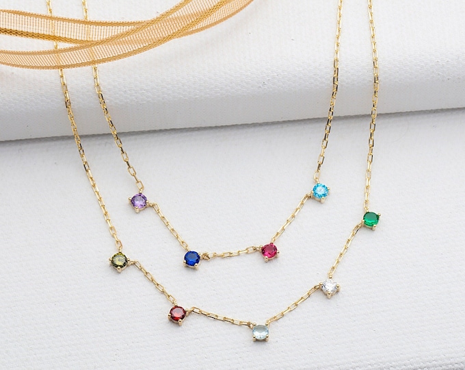 Gifts For Mother's Day, 14K Solid Gold Dainty Birthstone Necklace, Moms Gift, Spaced Multiple Birthstone Necklace, Personalized Gift For Her