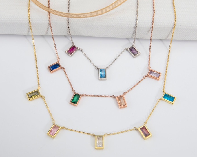Gifts For Mother's Day, 14K Gold Baguette Birthstone Necklace For Mom, Personalized Gifts For Women, Silver Emerald Cut Birthstone Necklaces
