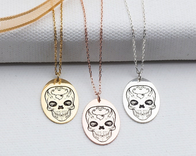 Gifts For Mother's Day, Sterling Silver Skull Necklace, Halloween Skeleton Necklace, 14K Gold Layering Skull Pendants, Birthday Gift For Her