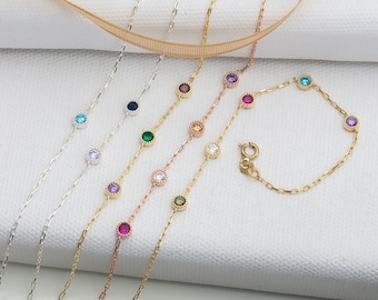 Gifts For Mother's Day, 14K Gold Spaced Birthstone Bracelets, Personalized Silver Birthstone Bracelet, Birthday Gift For Grandmas, Moms Gift
